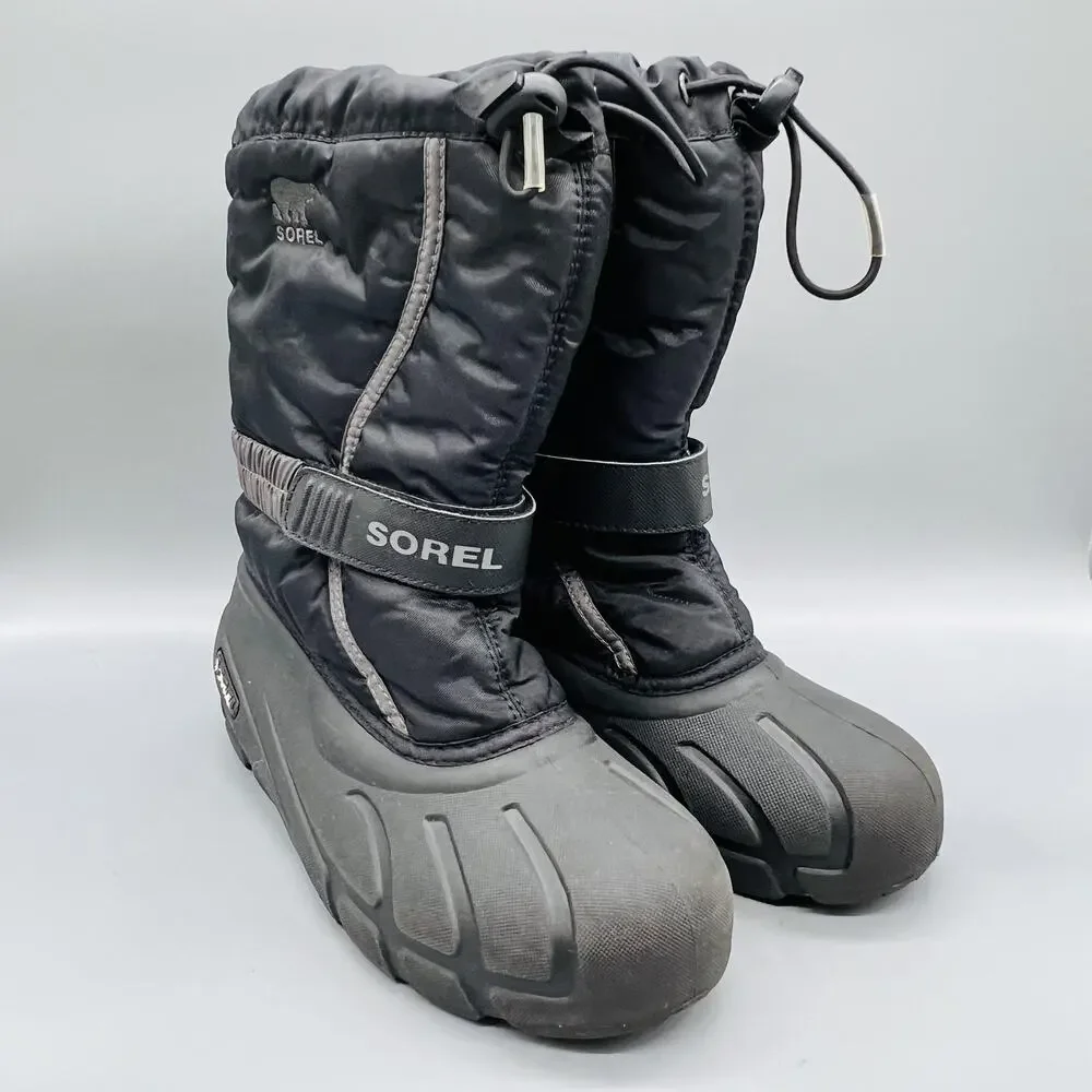 Sorel Boots Boys Girls 5 Black Mid Calf Hook & Loop Waterproof Snow Winter Shoes